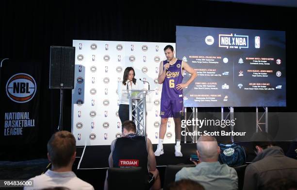 Neroli Meadows speaks with Andrew Bogut of the Sydney Kings on stage during a NBL Media Opportunity on June 27, 2018 in Melbourne, Australia. The...