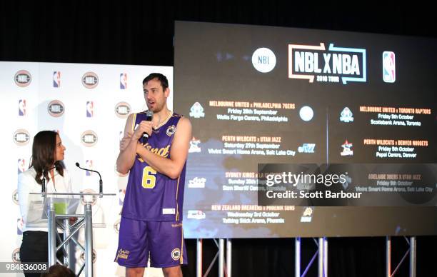 Neroli Meadows speaks with Andrew Bogut of the Sydney Kings on stage during a NBL Media Opportunity on June 27, 2018 in Melbourne, Australia. The...