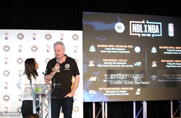 Neroli Meadows speaks with Andrew Gaze, coach of the Sydney Kings on stage during a NBL Media Opportunity on June 27, 2018 in Melbourne, Australia....