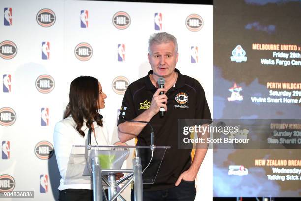 Neroli Meadows speaks with Andrew Gaze, coach of the Sydney Kings on stage during a NBL Media Opportunity on June 27, 2018 in Melbourne, Australia....