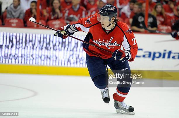 Alexander Semin of the Washington Capitals skates down the ice against the Boston Bruins at the Verizon Center on April 11, 2010 in Washington, DC.