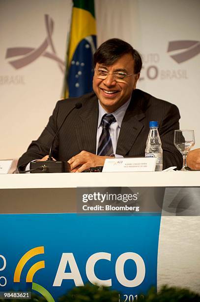 Lakshmi Mittal, chairman and chief executive officer of ArcelorMittal, speaks during the Brazilian Steel Conference in Sao Paulo, Brazil, on...