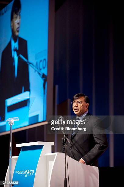 Lakshmi Mittal, chairman and chief executive officer of ArcelorMittal, speaks during the Brazilian Steel Conference in Sao Paulo, Brazil, on...