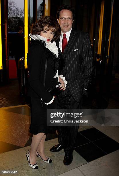 Joan Collins and guest attend the private view of exhibition 'Grace Kelly: Style Icon', at the Victoria & Albert Museum on April 15, 2010 in London,...