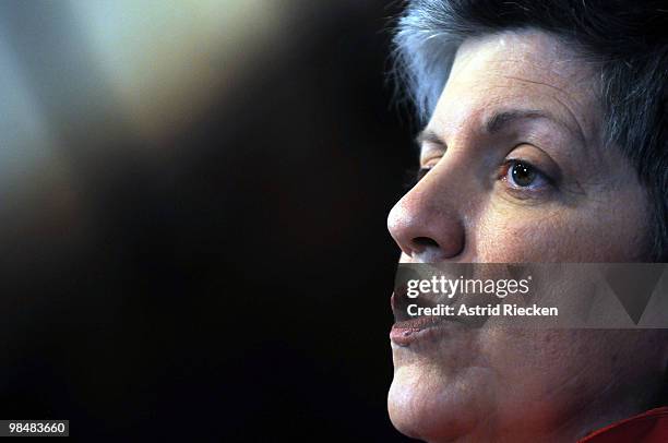 Homeland Security Secretary Janet Napolitano delivers an address on the state of the nation's and the world's aviation security system, at a National...