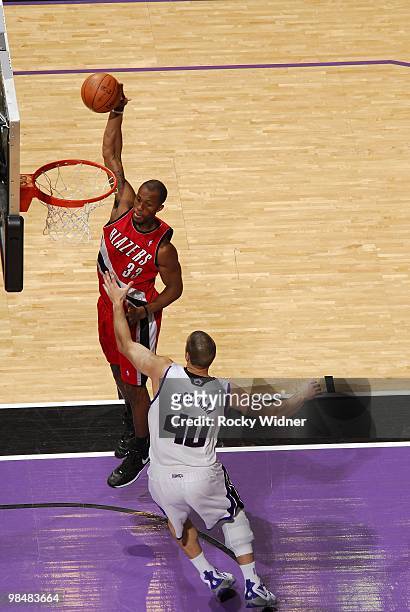 Dante Cunningham of the Portland Trail Blazers rebounds against Jon Brockman of the Sacramento Kings during the game at Arco Arena on April 3, 2010...