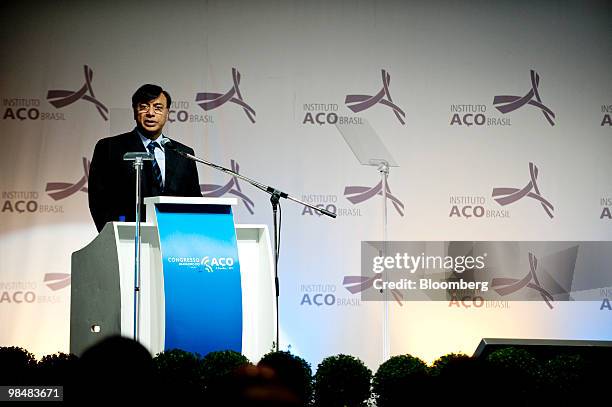 Lakshmi Mittal, chairman and chief executive officer of ArcelorMittal, speaks during the Brazilian Steel Conference in Sao Paulo, Brazil, on...