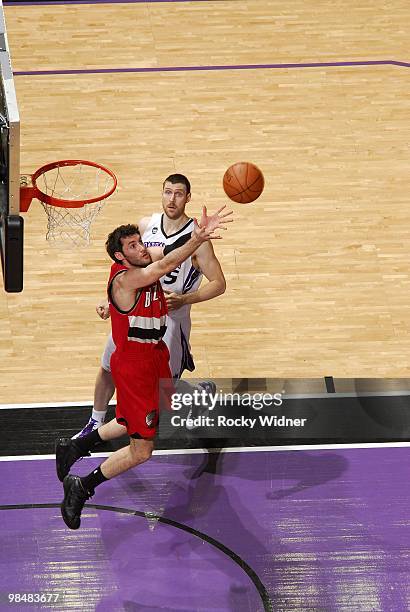 Rudy Fernandez of the Portland Trail Blazers rebounds against Andres Nocioni of the Sacramento Kings during the game at Arco Arena on April 3, 2010...