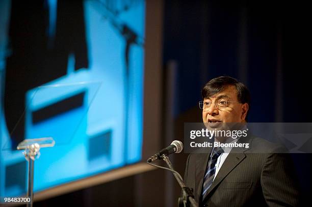 Lakshmi Mittal, chairman and chief executive officer of ArcelorMittal, speaks during the Brazilian Steel Conference in Sao Paulo, Brazil, on...