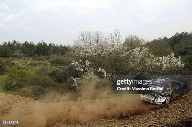 Ken Block of the USA and Alex Gelsomino of the USA compete in their Monster World Rally Team Ford Focus during the Shakedown of the WRC Rally of...