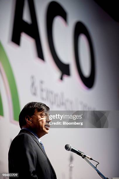 Lakshmi Mittal, chairman and chief executive officer of ArcelorMittal, speaks during the Brazilian Steel Conference in Sao Paulo, Brazil, on...