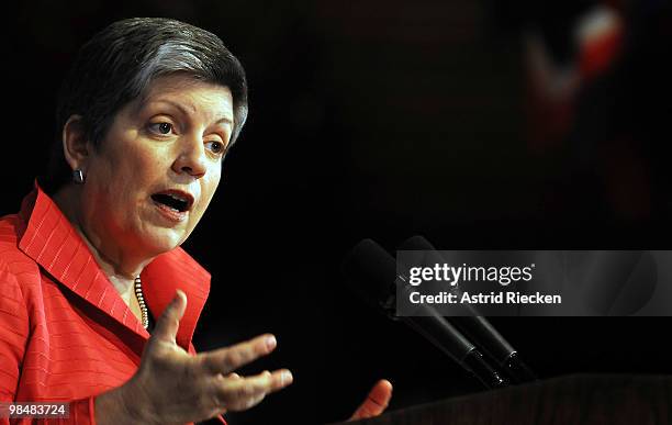 Homeland Security Secretary Janet Napolitano delivers an address on the state of the nation's and the world's aviation security system, at a National...