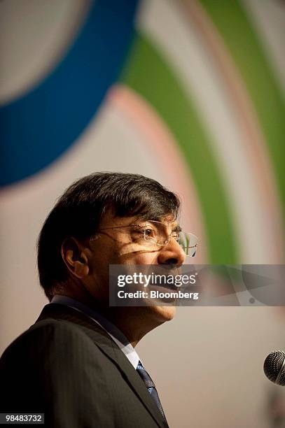 Lakshmi Mittal, chairman and chief executive officer of ArcelorMittal, speaks during the Brazilian Steel Conference in Sao Paulo, Brazil, on...