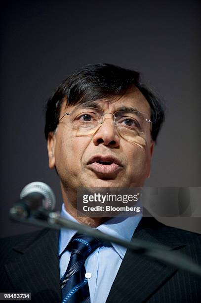 Lakshmi Mittal, chairman and chief executive officer of ArcelorMittal, speaks during the Brazilian Steel Conference in Sao Paulo, Brazil, on...
