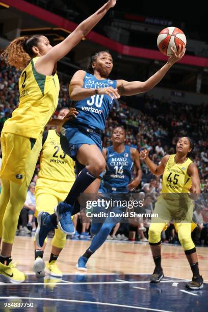 Guard Tanisha Wright of the Minnesota Lynx shoots the ball during the game against the Seattle Storm on June 26, 2018 at Target Center in...