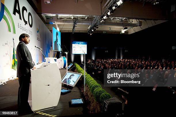 Lakshmi Mittal, chairman and chief executive officer of ArcelorMittal, speaks during the Brazilian Steel Conference in Sao Paulo, Brazil, on...