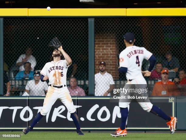 Jake Marisnick of the Houston Astros makes a catch to end the game against the Toronto Blue Jays at Minute Maid Park on June 26, 2018 in Houston,...