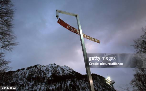 An Oberstdorf flag waves beneath the jump-off plattform at the Ski Flying World Championship in Oberstdorf, Germany, 18 January 2018. The Ski Flying...