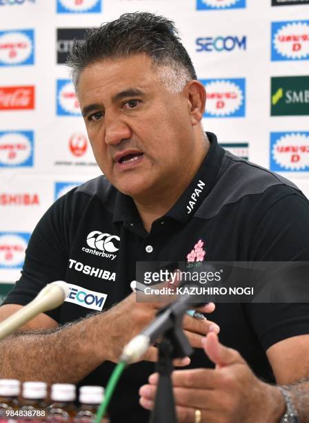 Japan's rugby head coach Jamie Joseph answers questions during a press conference in Tokyo on June 27, 2018. - Joseph held a press conference...