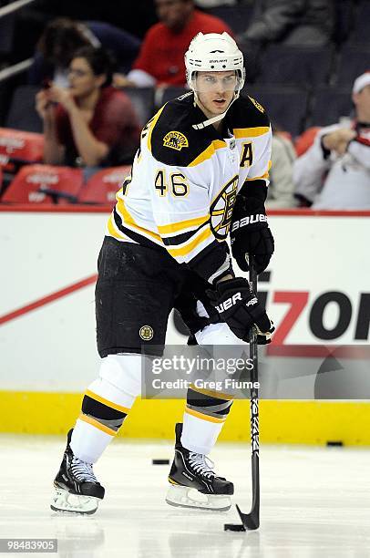 David Krejci of the Boston Bruins warms up before the game against the Washington Capitals at the Verizon Center on April 11, 2010 in Washington, DC.