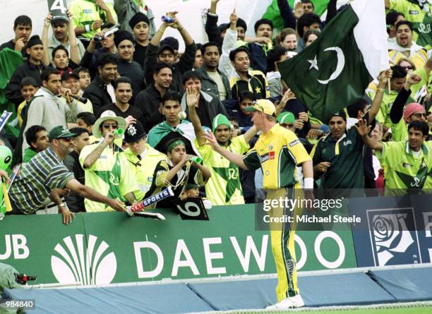 Brett Lee of Australia speaks to the Pakistan fans during the NatWest Series One Day match between Australia and Pakistan at Trent Bridge,...