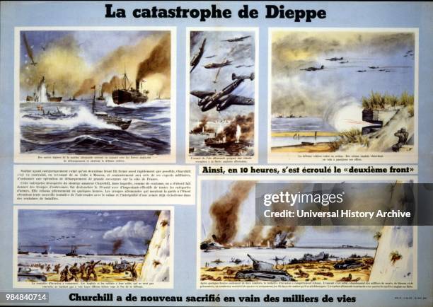 Propaganda poster issued by the Vichy French government attacking the Dieppe Raid. The raids was also known as the Battle of Dieppe, or Operation...
