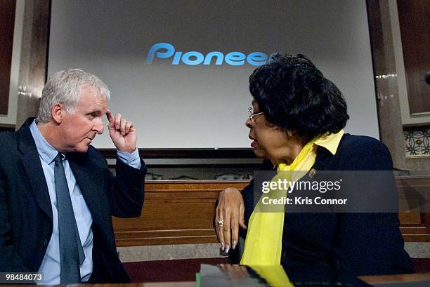 James Cameron and Diane Watson speak about global environmental issues and sustainable approaches at the Senate Dirksen Building on April 15, 2010 in...