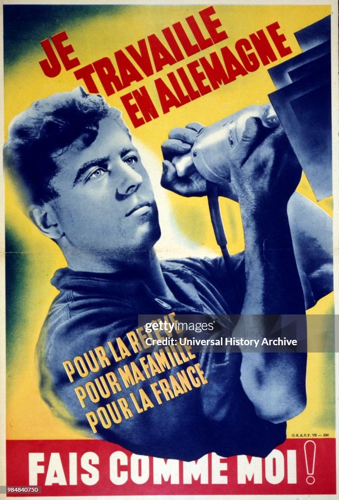 French World War two propaganda poster concerning French civilians working in the German war industries to help their families in France. 1942.
