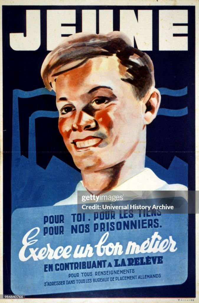 French World War two propaganda poster urging young French civilians to work in the German war industries to help their families in France. 1942.