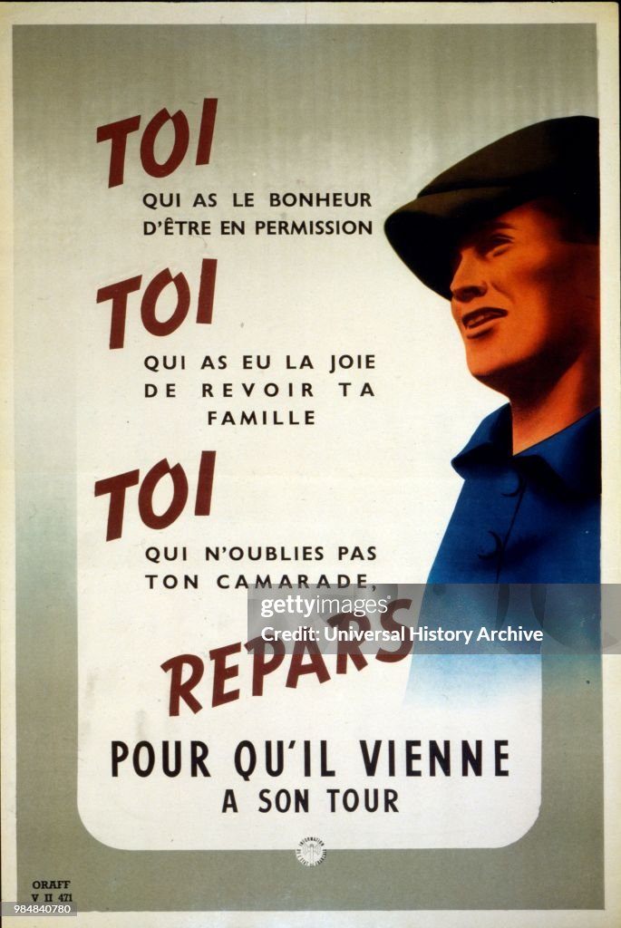 French World War two propaganda poster urging young French civilians to work in the German war industries to help their families in France. 1942.