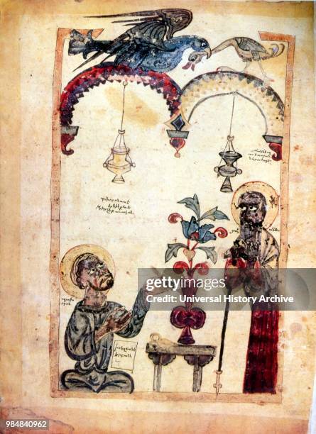 Armenian Christian illustrated manuscript showing illumination depicting John dictating to his disciple. Prochorus. John the Apostle . Was one of the...