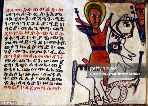 19th century Ethiopian Coptic Christian prayer book. Illustration possibly showing the legend of st George. Approx. 1870.