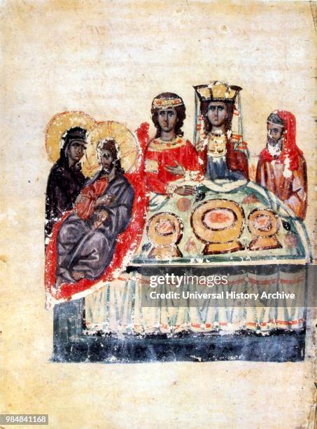 Armenian Christian illustrated manuscript showing the Feast of Cana. The Bible story of the Marriage at Cana. A wedding banquet at which Jesus...