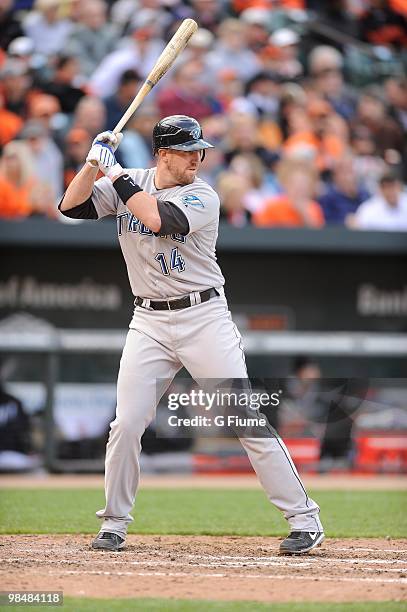 John Buck of the Toronto Blue Jays bats against the Baltimore Orioles on Opening Day at Camden Yards on April 9, 2010 in Baltimore, Maryland.