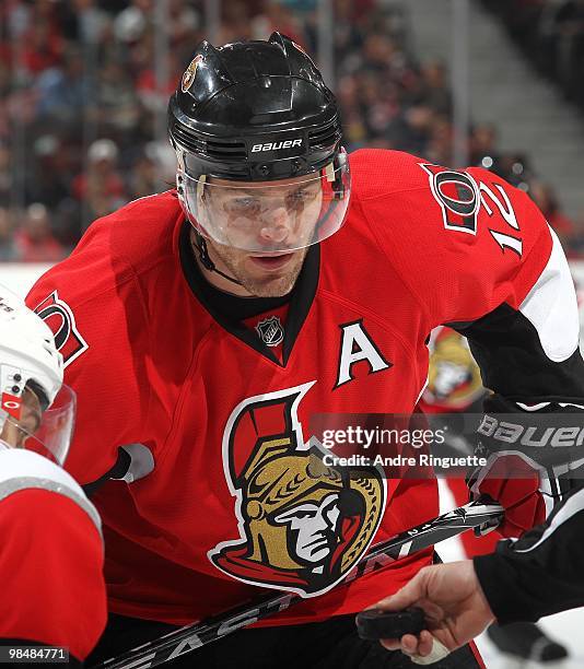 Mike Fisher of the Ottawa Senators prepares for a faceoff against the Carolina Hurricanes at Scotiabank Place on April 1, 2010 in Ottawa, Ontario,...