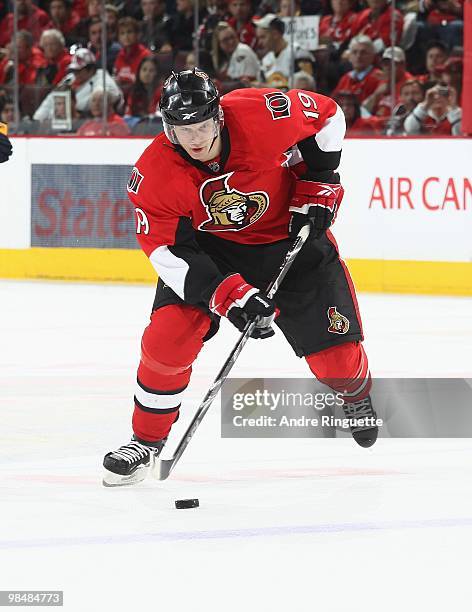 Jason Spezza of the Ottawa Senators stickhandles the puck against the Buffalo Sabres at Scotiabank Place on April 10, 2010 in Ottawa, Ontario, Canada.