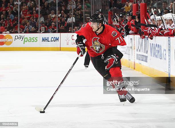 Nick Foligno of the Ottawa Senators skates against the Carolina Hurricanes at Scotiabank Place on April 1, 2010 in Ottawa, Ontario, Canada.