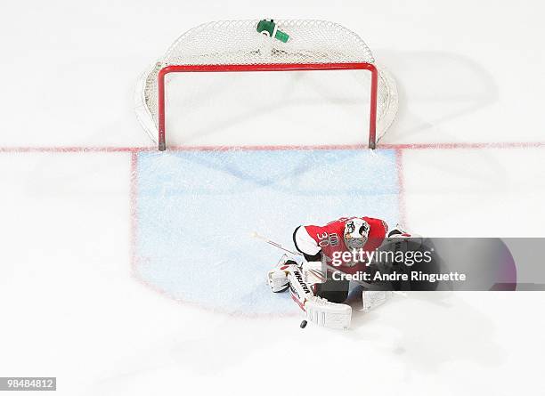 Brian Elliott of the Ottawa Senators makes a save against the Carolina Hurricanes at Scotiabank Place on April 1, 2010 in Ottawa, Ontario, Canada.