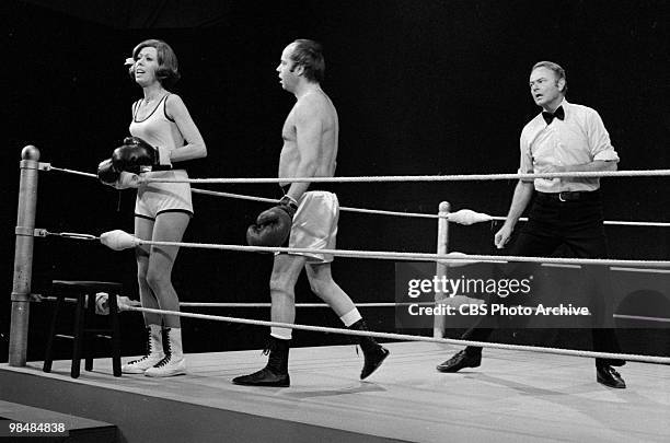 Actors Carol Burnett, Harvey Korman and Tim Conway in a still from "The Carol Bunett Show" on December 12, 1974 in Los Angeles, California.