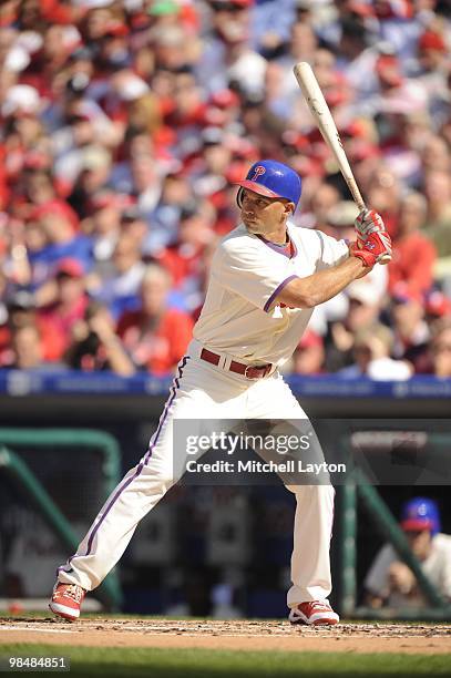 Raul Ibanez of the Philadelphia Phillies prepares to take a swing during a baseball game against the Washington Nationals on April 12, 2010 at...