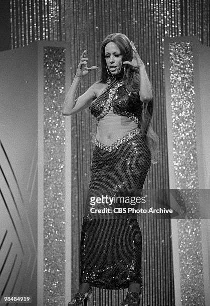 March 14: Actress Carol Burnett in a spoof on Cher on "The Carol Bunett Show" on March 14, 1975 in Los Angeles, California.