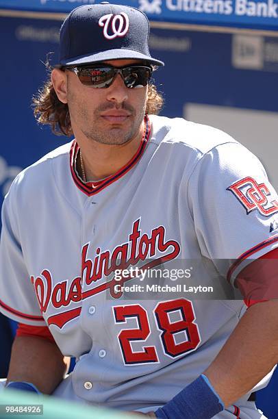 Mike Morse of the Washington Nationals looks on before a baseball game against the Philadelphia Phillies on April 12, 2010 at Citizens Bank Park in...