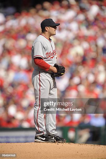 Jason Marquis of the Washington Nationals pitches during a baseball game against the Philadelphia Phillies on April 12, 2010 at Citizens Bank Park in...