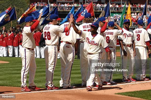Jimmy ROllins of the Philadelphia Phillies during opening day introductions of a baseball game against the Washington Nationals on April 12, 2010 at...