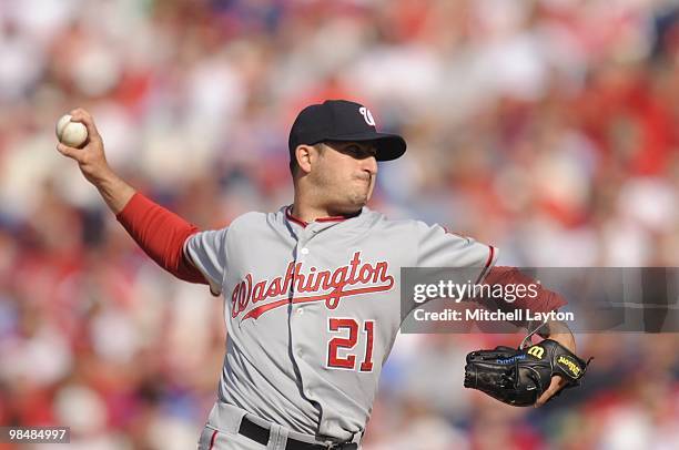 Jason Marquis of the Washington Nationals pitches during a baseball game against the Philadelphia Phillies on April 12, 2010 at Citizens Bank Park in...