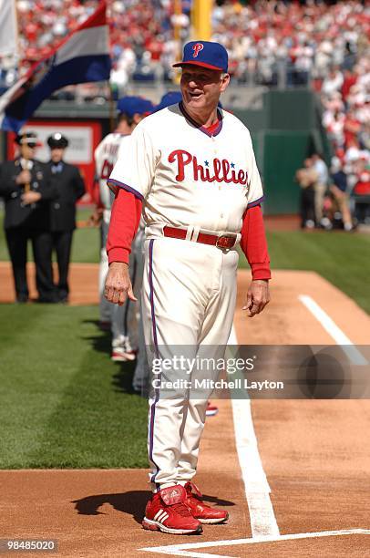 Charlie Manuel of the Philadelphia Phillies during opening day introductions of a baseball game against the Washington Nationals on April 12, 2010 at...