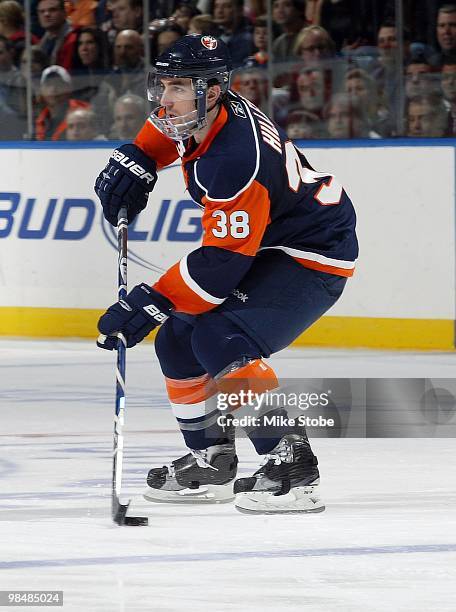 Jack Hillen of the New York Islanders skates against the New York Rangers on March 30, 2010 at Nassau Coliseum in Uniondale, New York. Rangers...