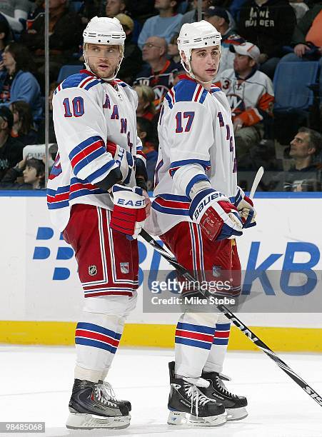 Marian Gaborik and Brandon Dubinsky of the New York Rangers look on against the New York Islanders on March 30, 2010 at Nassau Coliseum in Uniondale,...