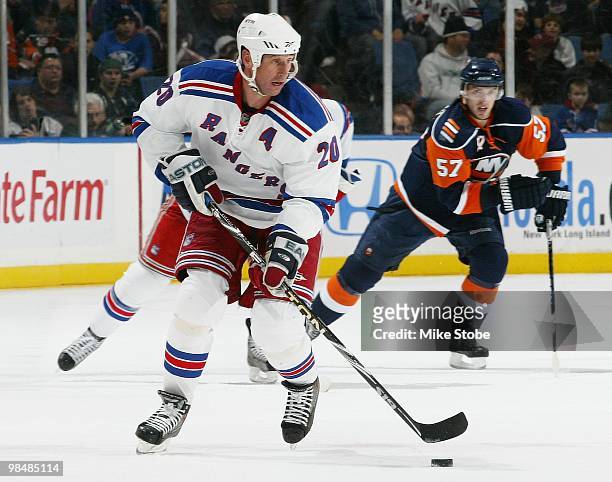 Vinny Prospal of the New York Rangers skates against the New York Islanders on March 30, 2010 at Nassau Coliseum in Uniondale, New York. Rangers...