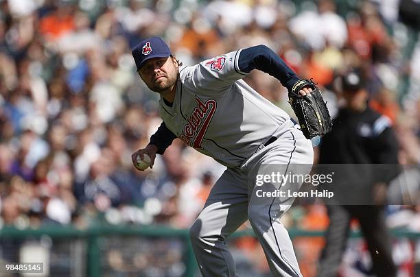 Jake Westbrook of the Cleveland Indians fields a bunt during the third inning against the Detroit Tigers during the game on April 11, 2010 at...